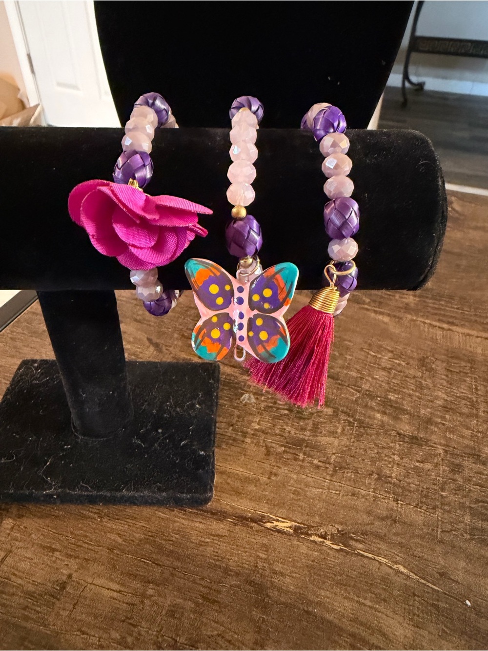 Girls Purple and Pink Butterfly Bracelet Trio with Tassel and Flower